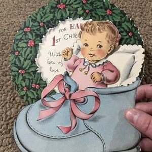 Norcross Double-Wish Baby’s First Christmas Vintage Card Stand Baby Is Removable